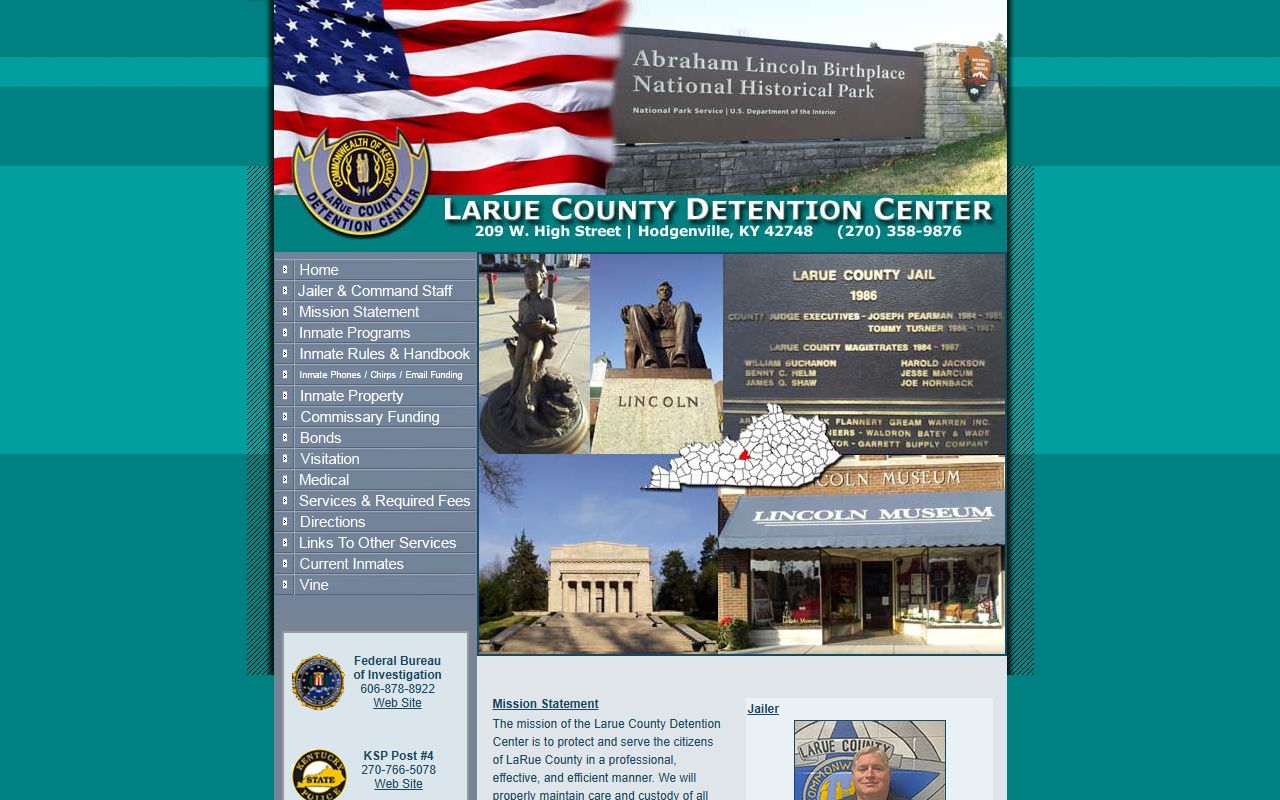LaRue County Detention Center homepage and inmate lookup menu